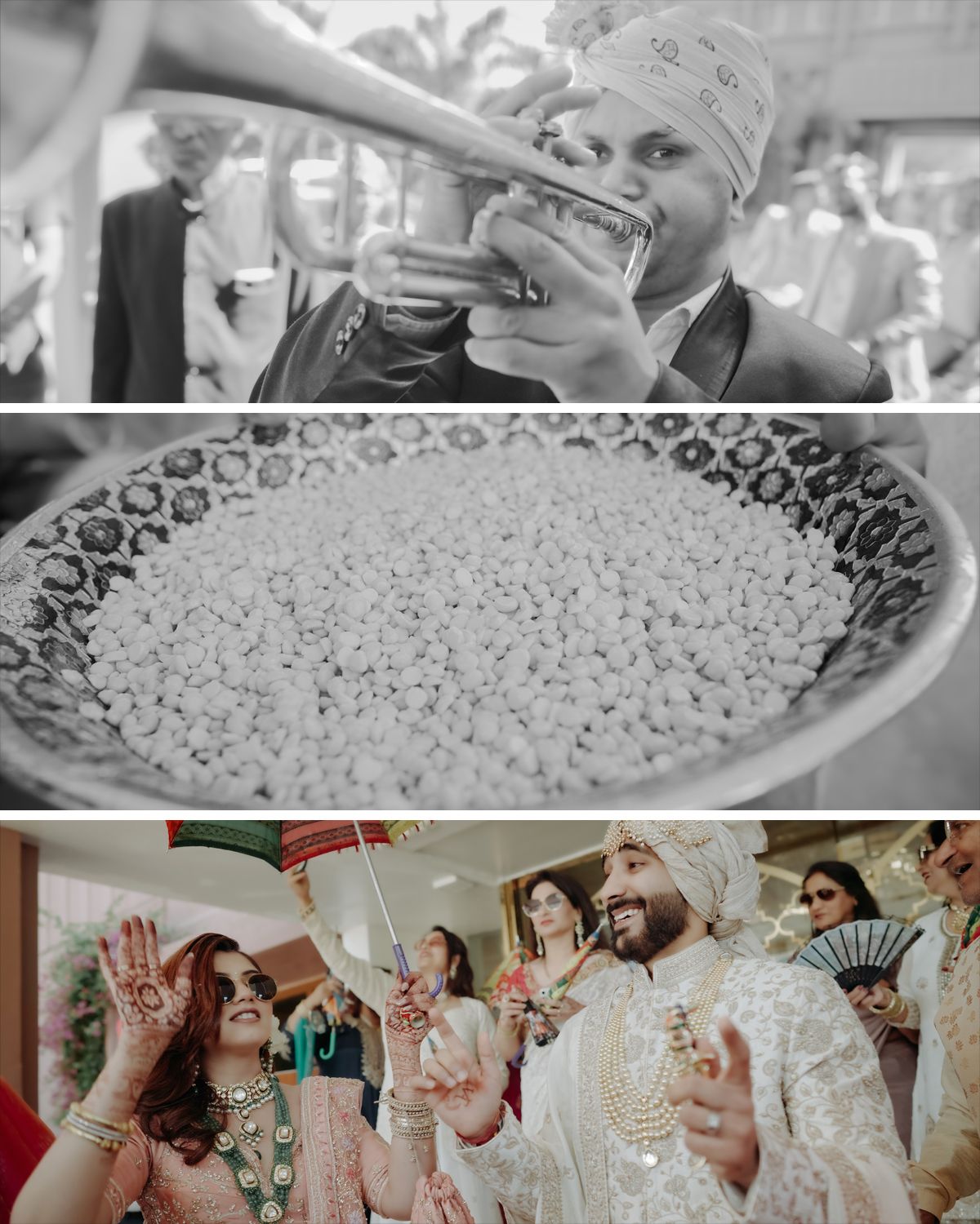 Celebration with traditional wedding rice rituals and dancing in ornate attire at an Indian wedding ceremony.