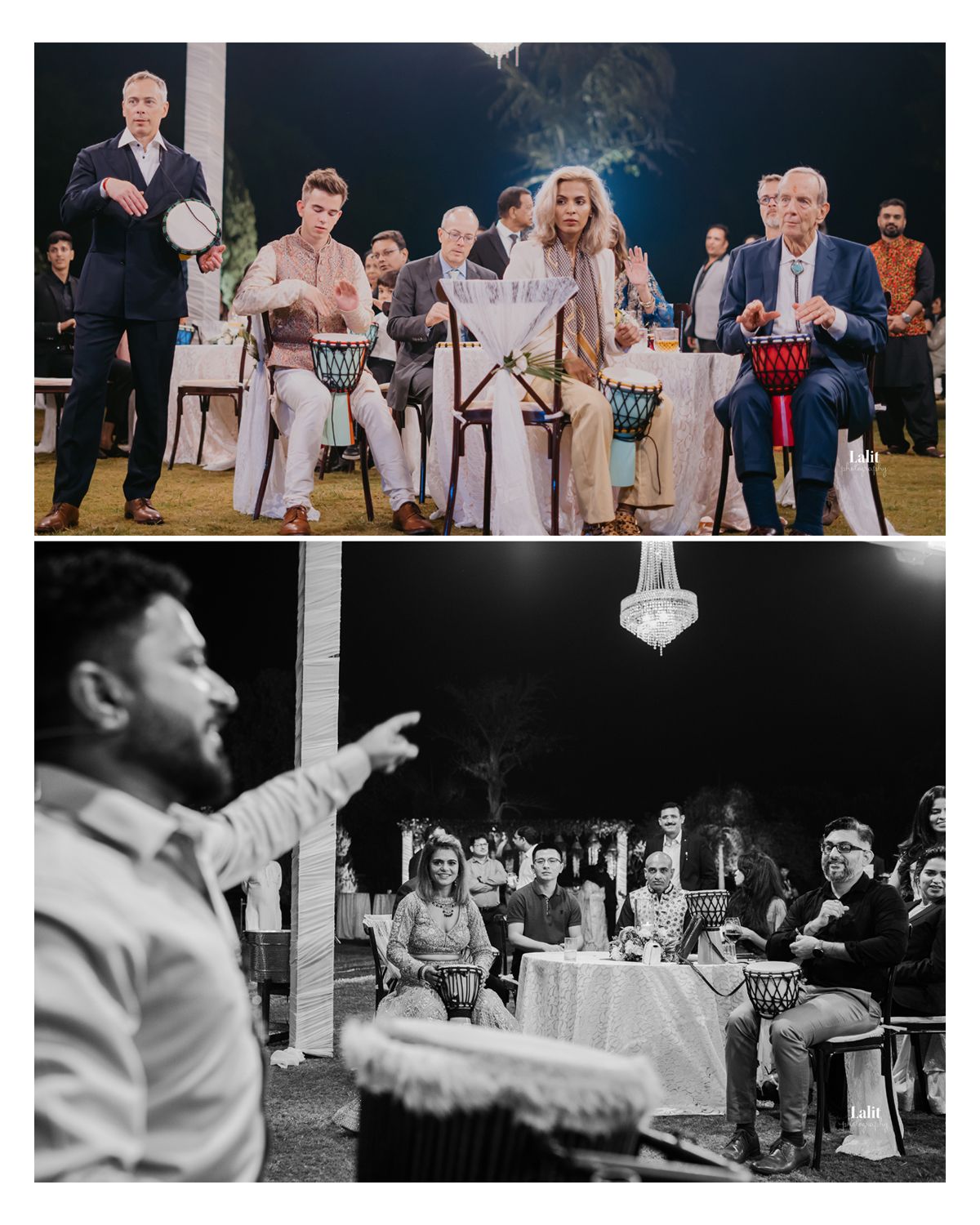 Group drum circle performance at an outdoor evening event with string lights and chandeliers.