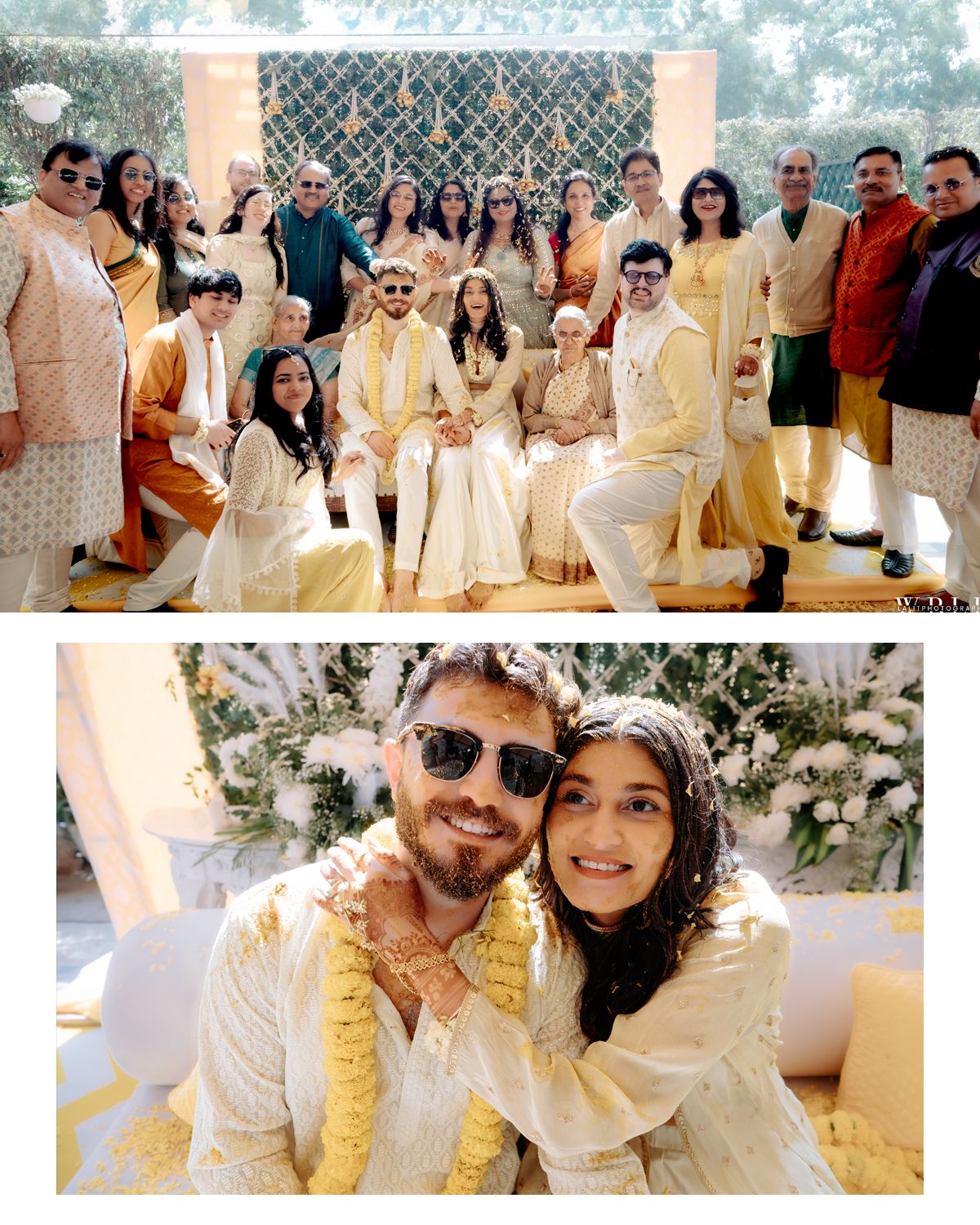 Wedding party poses in coordinated yellow and cream outfits for group photos.