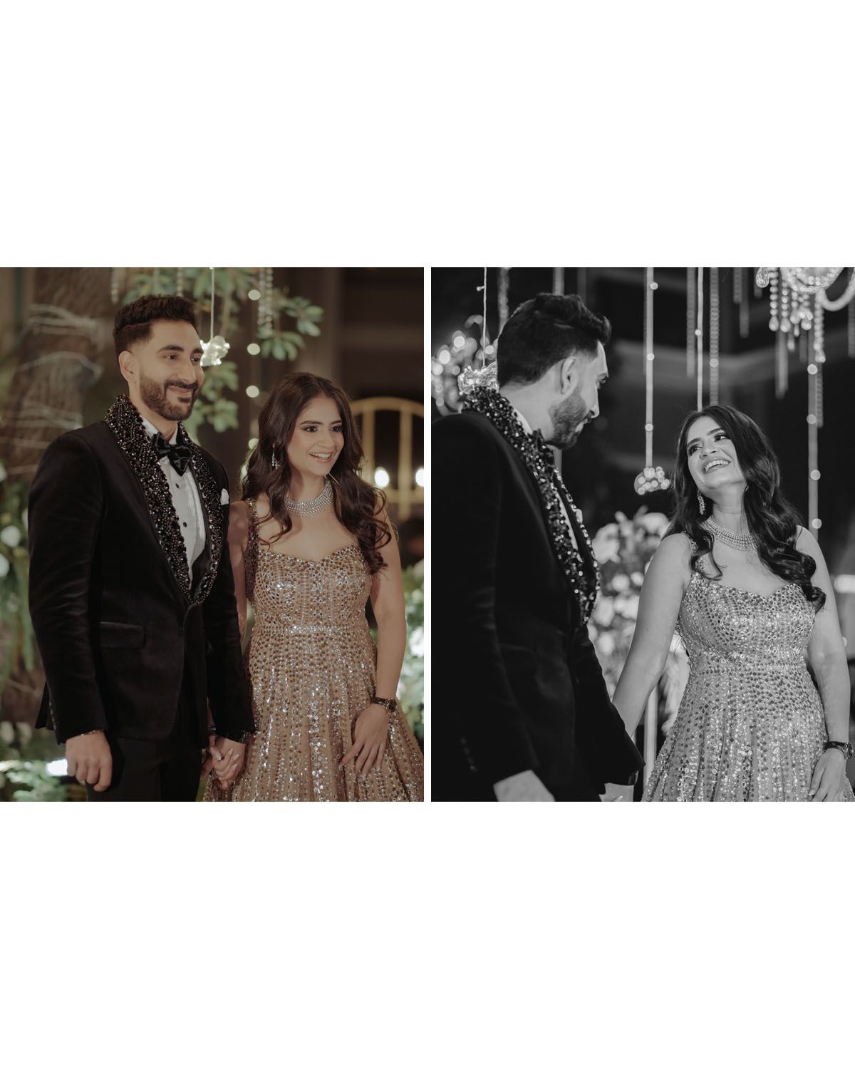 Side-by-side portraits of couple sharing joyful moments at formal event.