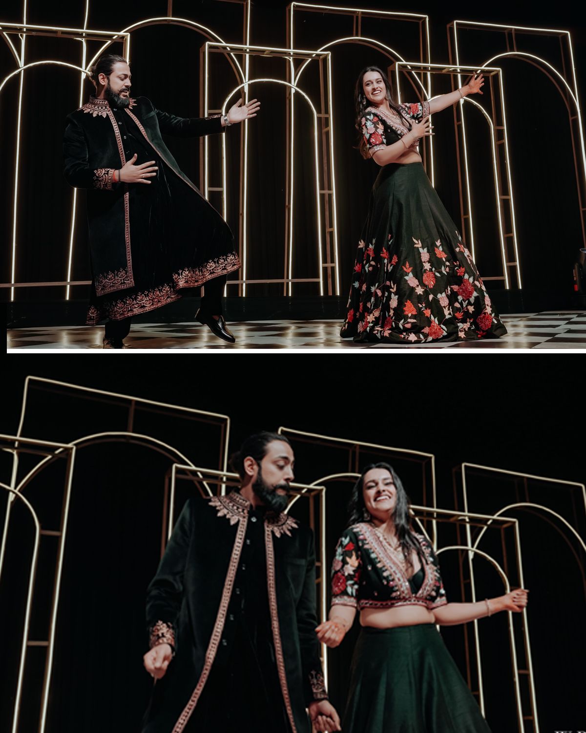 A couple performs an energetic dance routine on stage with gold art deco style archways in the backdrop.