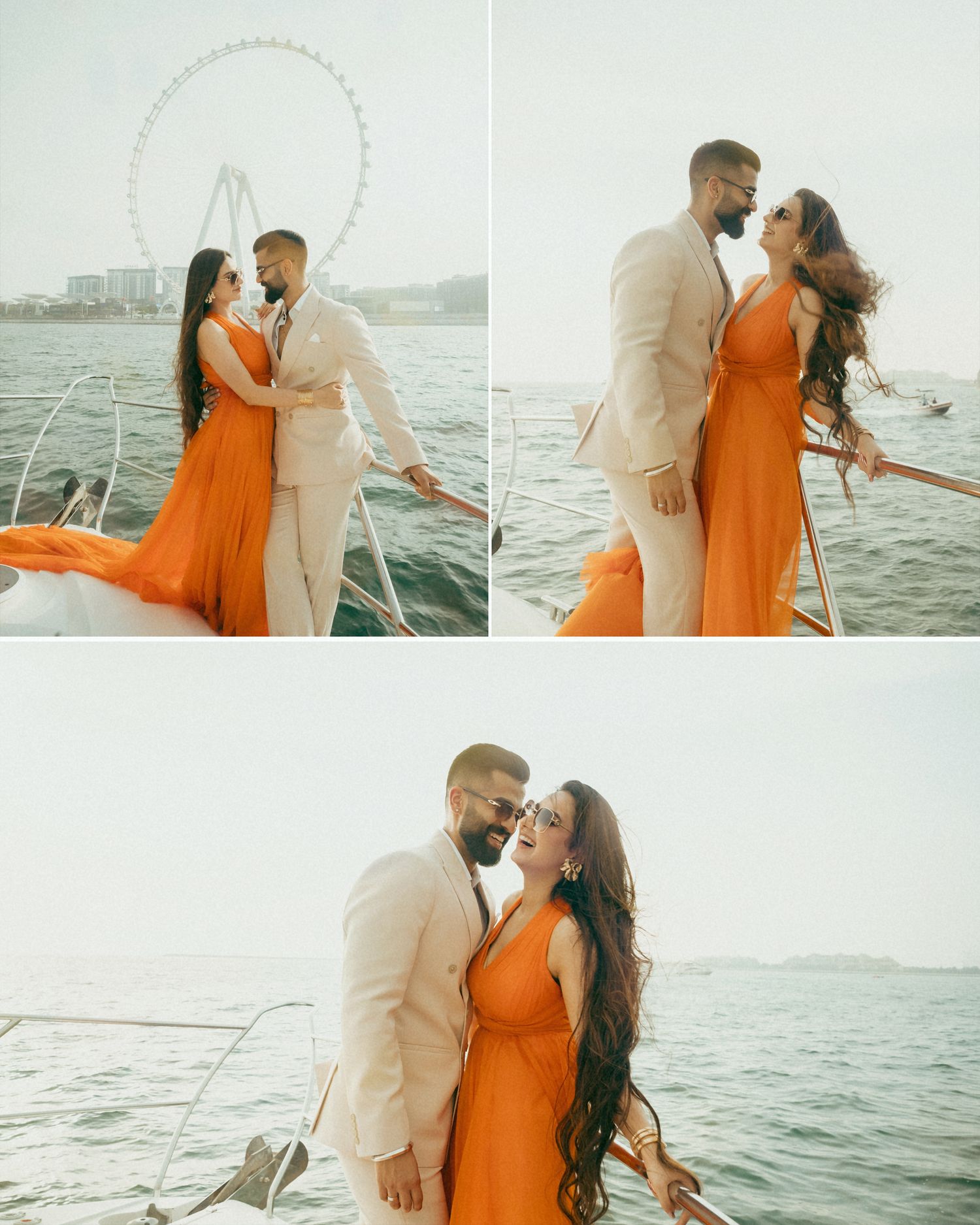 Couple in orange dress and beige suit posing romantically on a yacht with a Ferris wheel backdrop in Dubai.