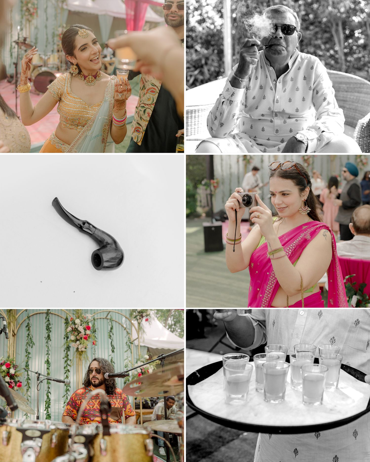 A vibrant Indian wedding collage featuring a bride, elderly man, pipe, woman photographer in pink saree, musician, and shot glasses.