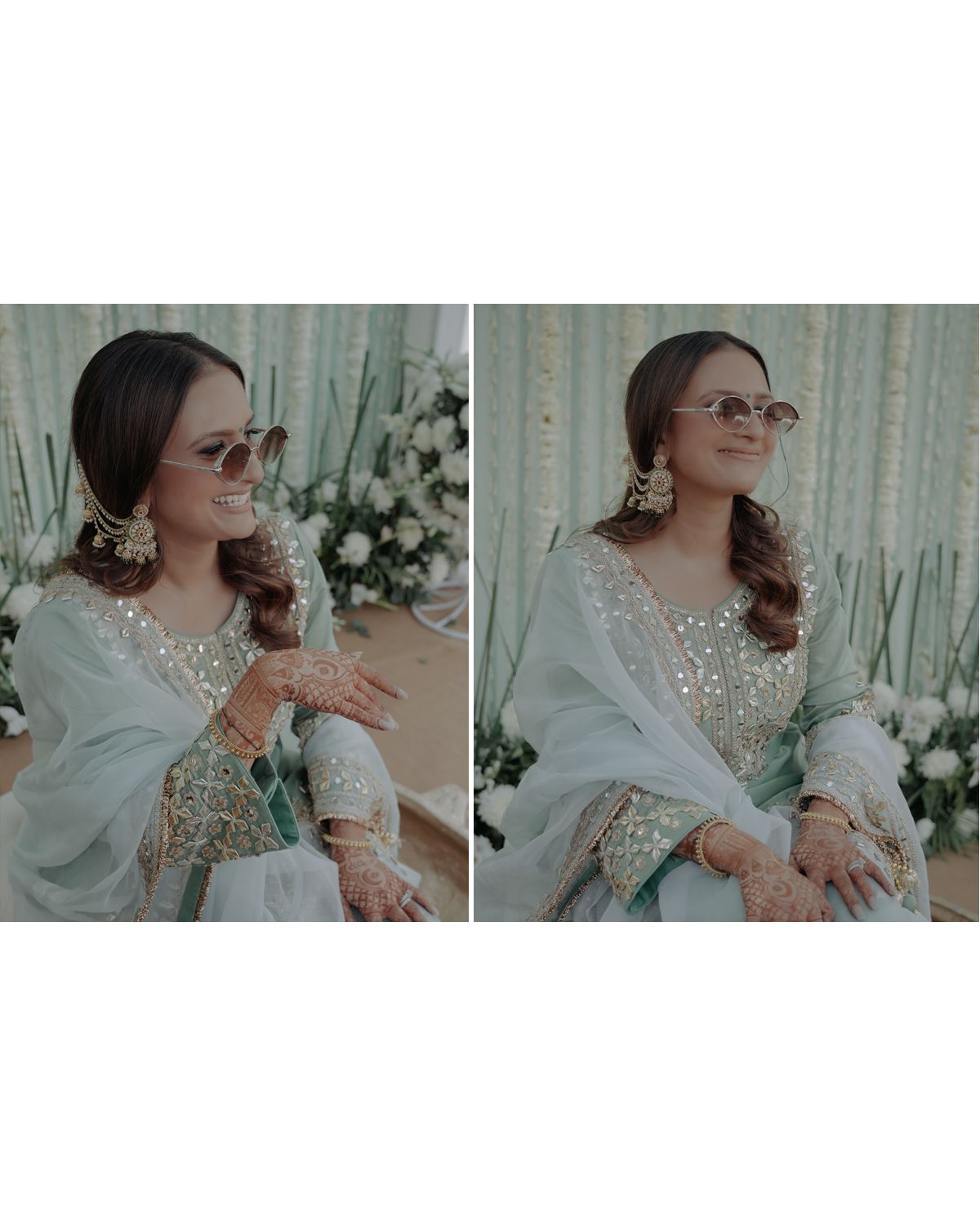 Elegant poses in white embellished traditional wear against a floral backdrop.