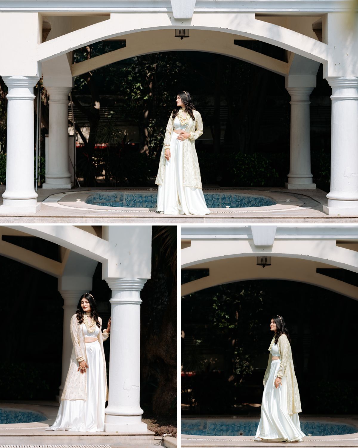 Three artistic shots of a bride in white attire posing under a columned pavilion by a pool.