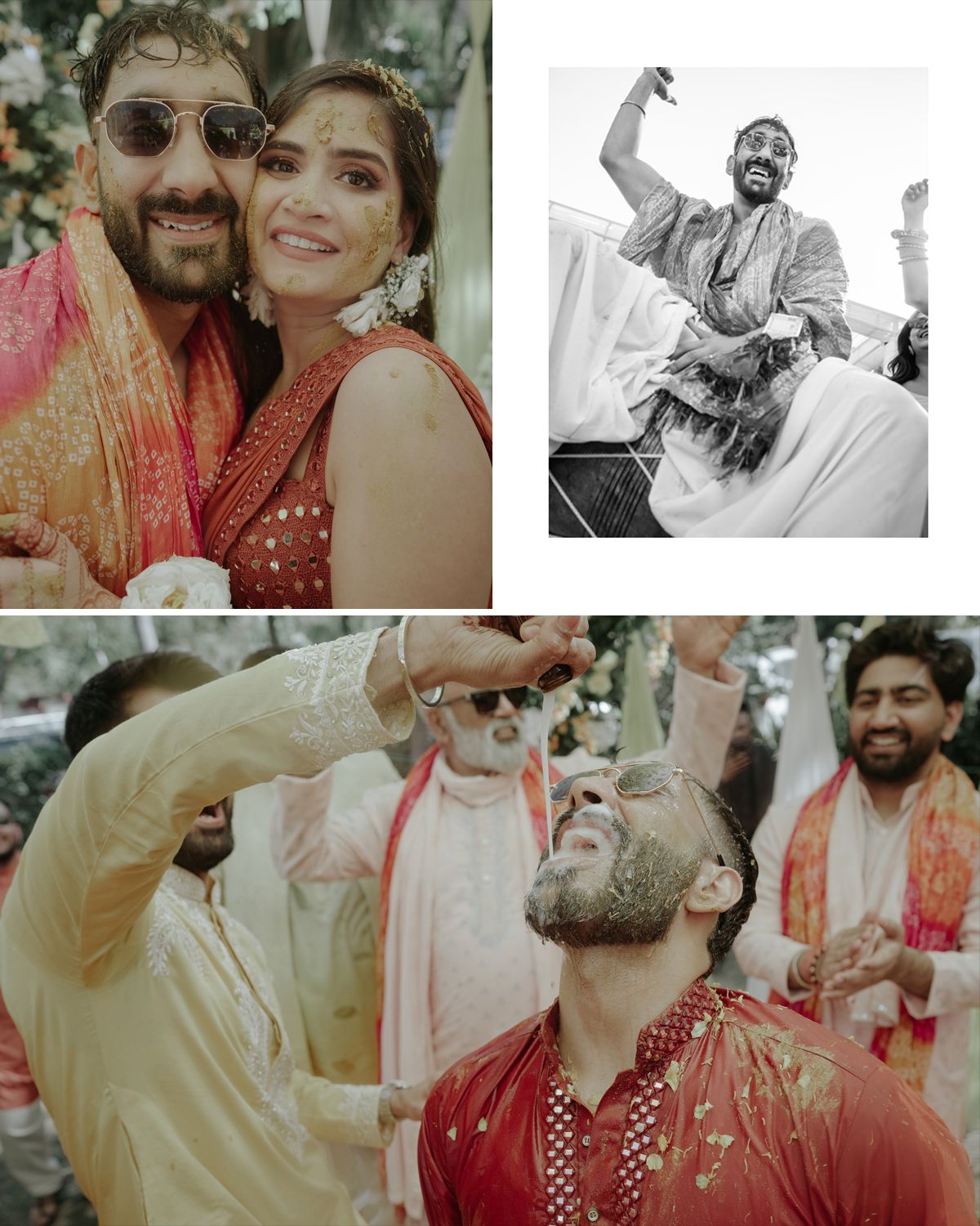 Collection of candid celebration photos from a traditional Indian wedding with guests in festive attire.