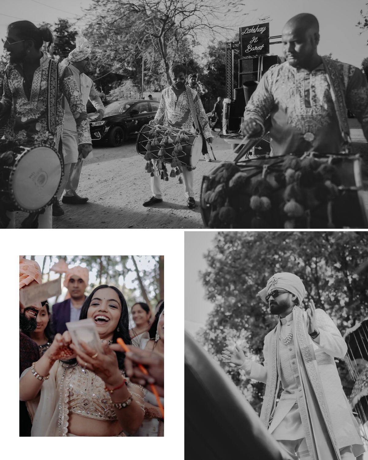 Black and white celebration with musicians playing drums and various instruments during an outdoor gathering.