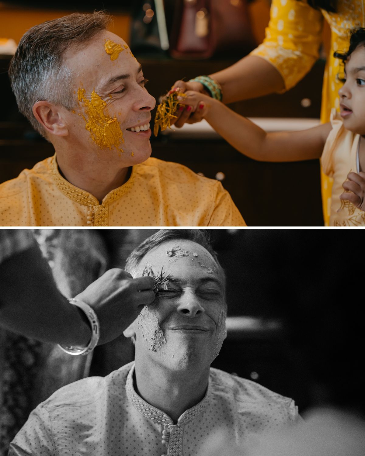 Traditional Haldi ceremony preparation with feet and turmeric powder on white fabric.