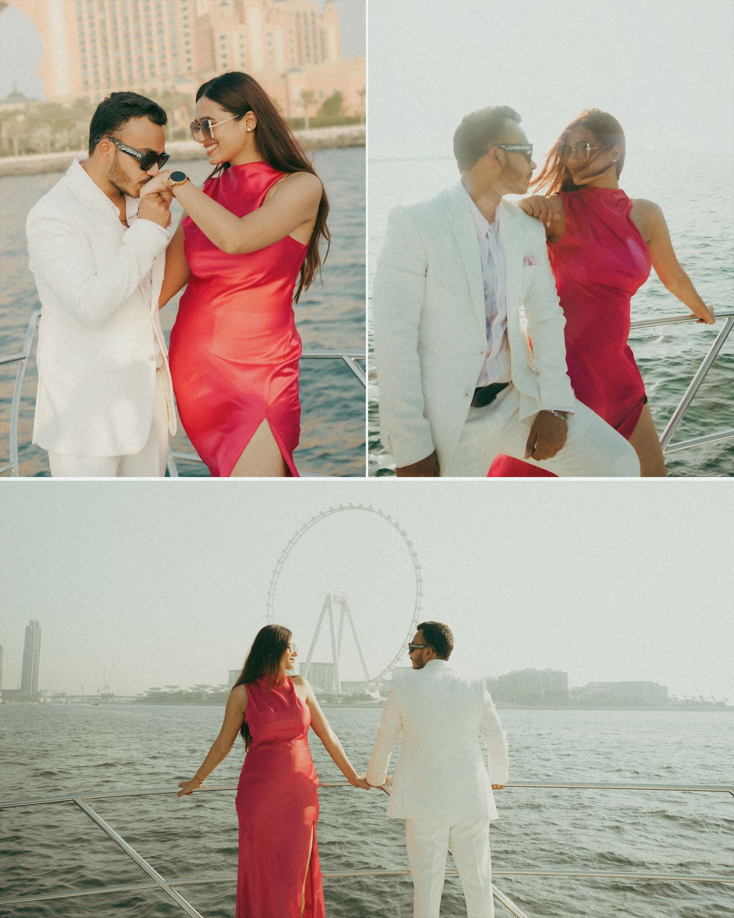 Romantic couple in red dress and white suit posing on a yacht with Dubai skyline and Ferris wheel backdrop.