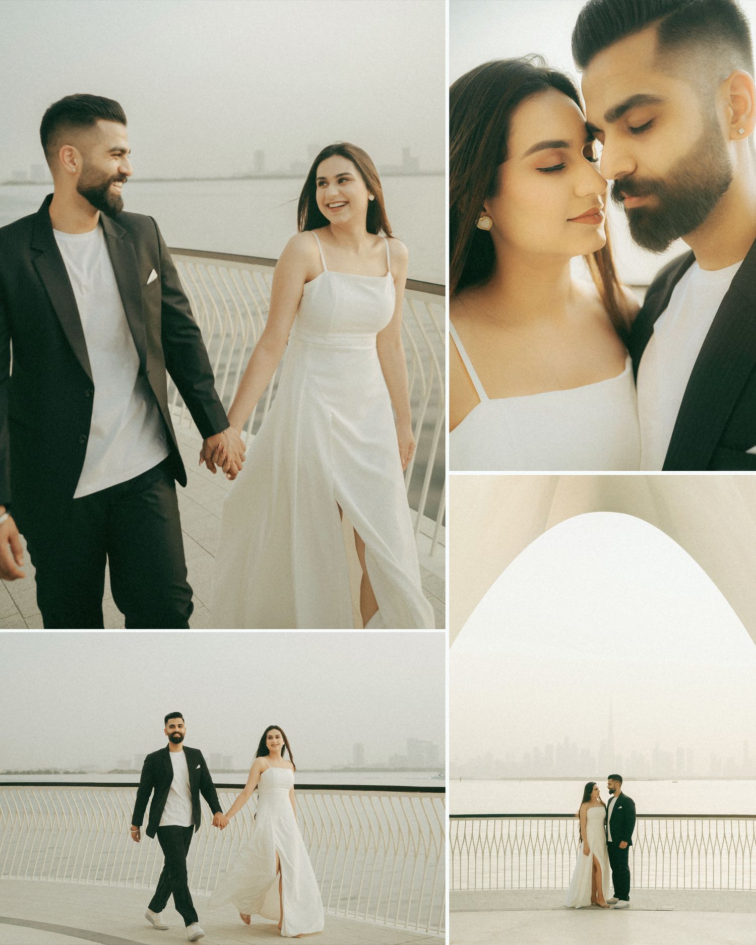 Couple in elegant white dress and black suit holding hands during a romantic pre-wedding photoshoot outdoors.