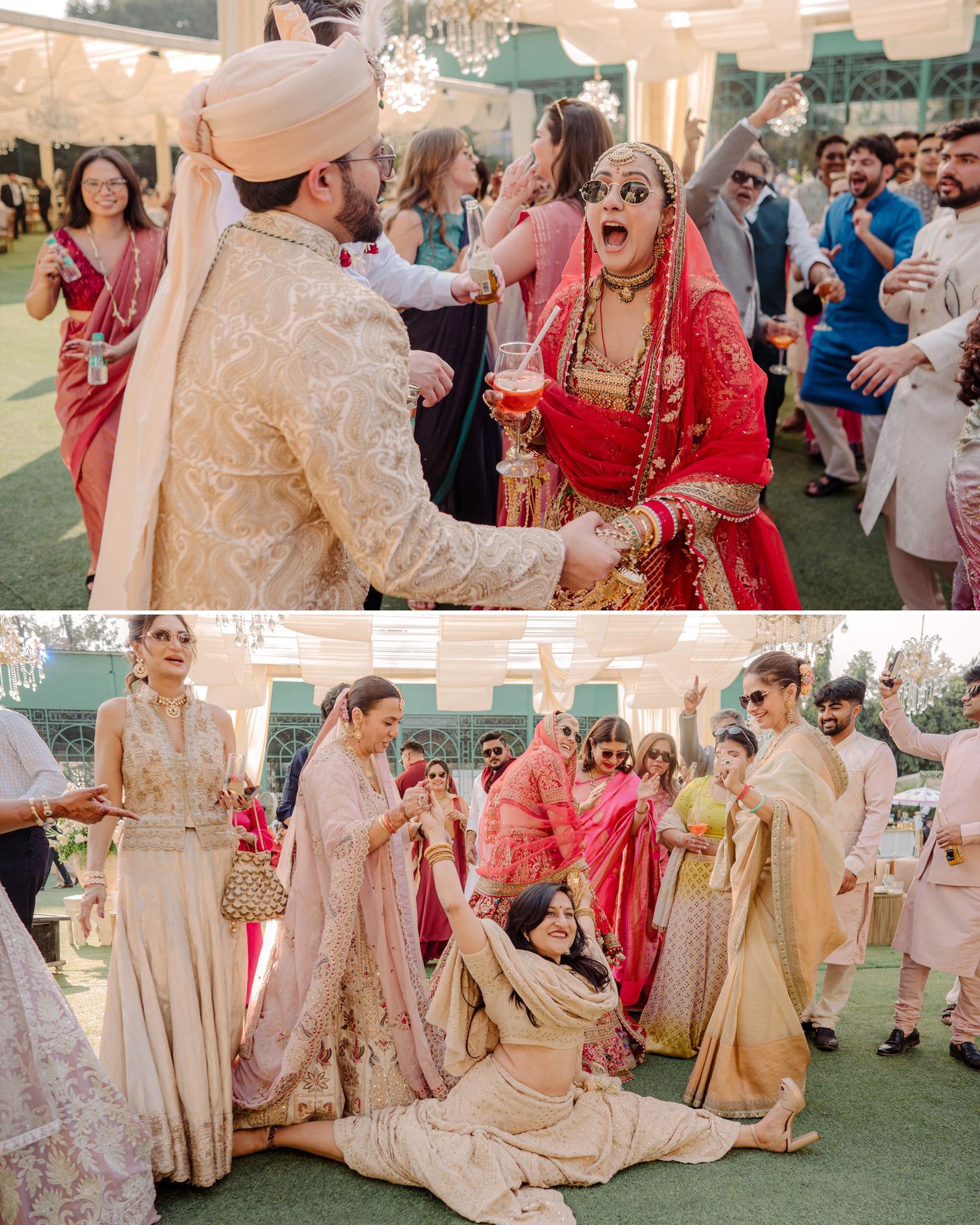 Joyful Indian wedding couple in traditional red and gold attire celebrating with guests at a vibrant outdoor ceremony.