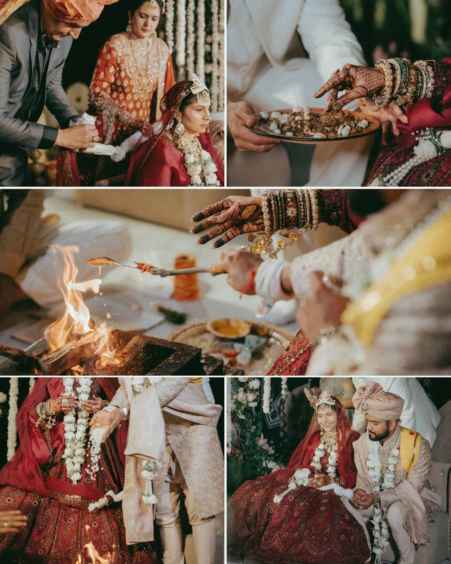 Hindu wedding ceremony collage showing sacred fire rituals, floral garlands, and traditional bridal attire with intricate mehndi.