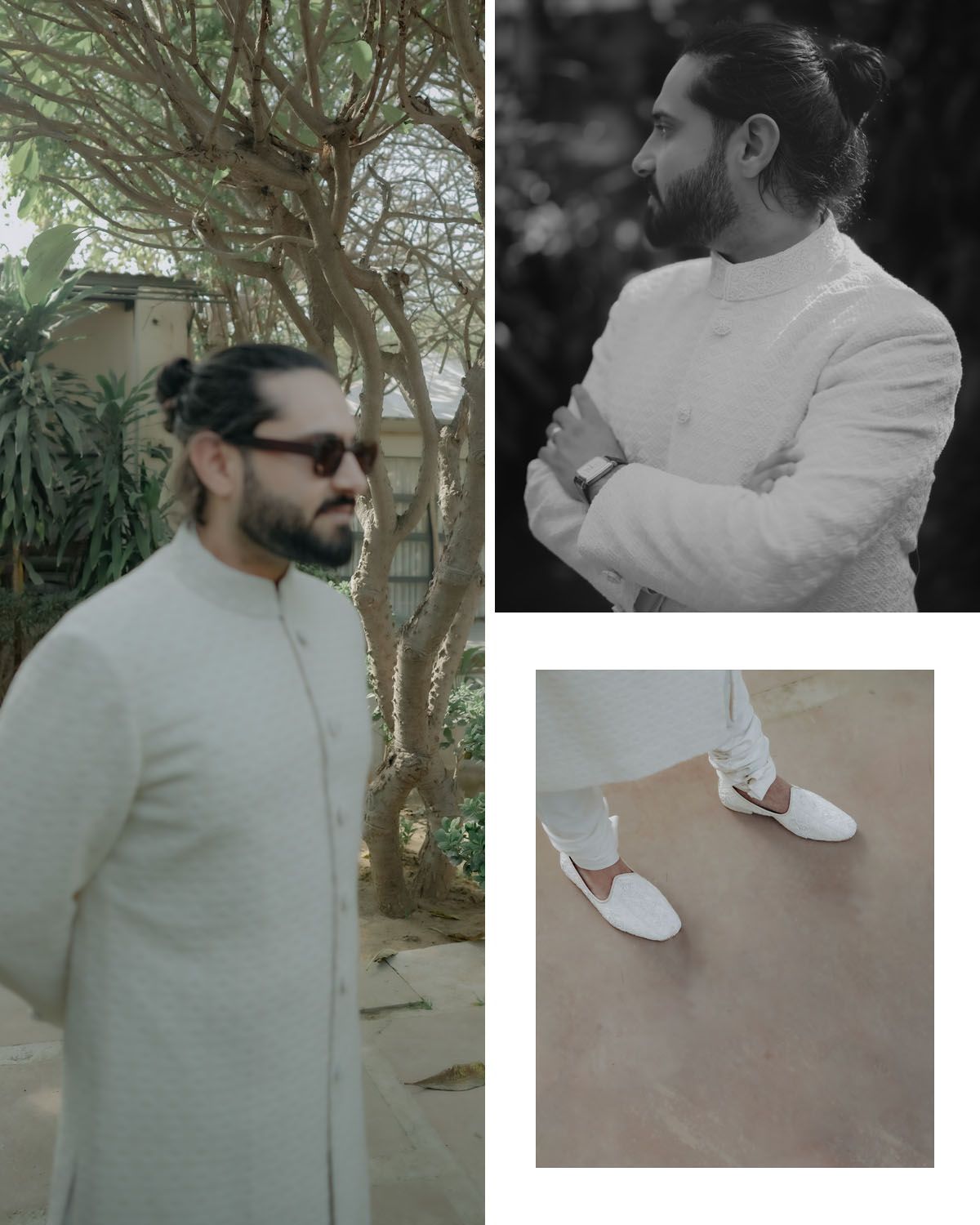 Collage featuring formal wear and white shoes against neutral backgrounds.