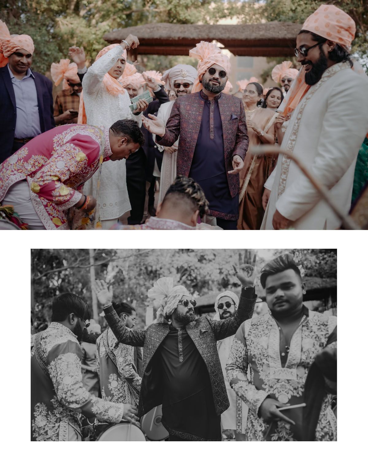 A joyous cultural wedding celebration outdoors with guests in traditional attire and festive clothing.