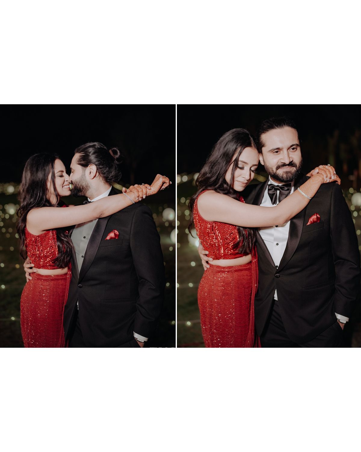 A couple in formal attire share a romantic moment at a nighttime event, with the woman in red and man in black tuxedo.
