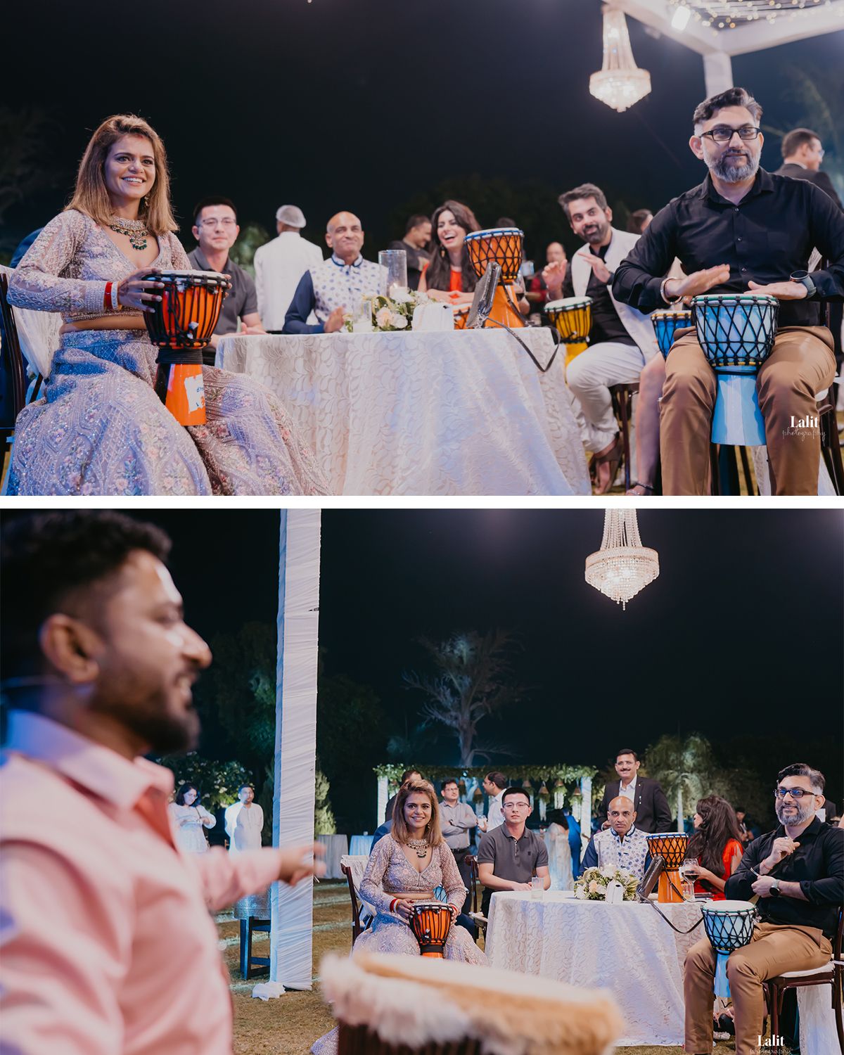 Guests gathered around tables playing drums during an outdoor evening celebration.