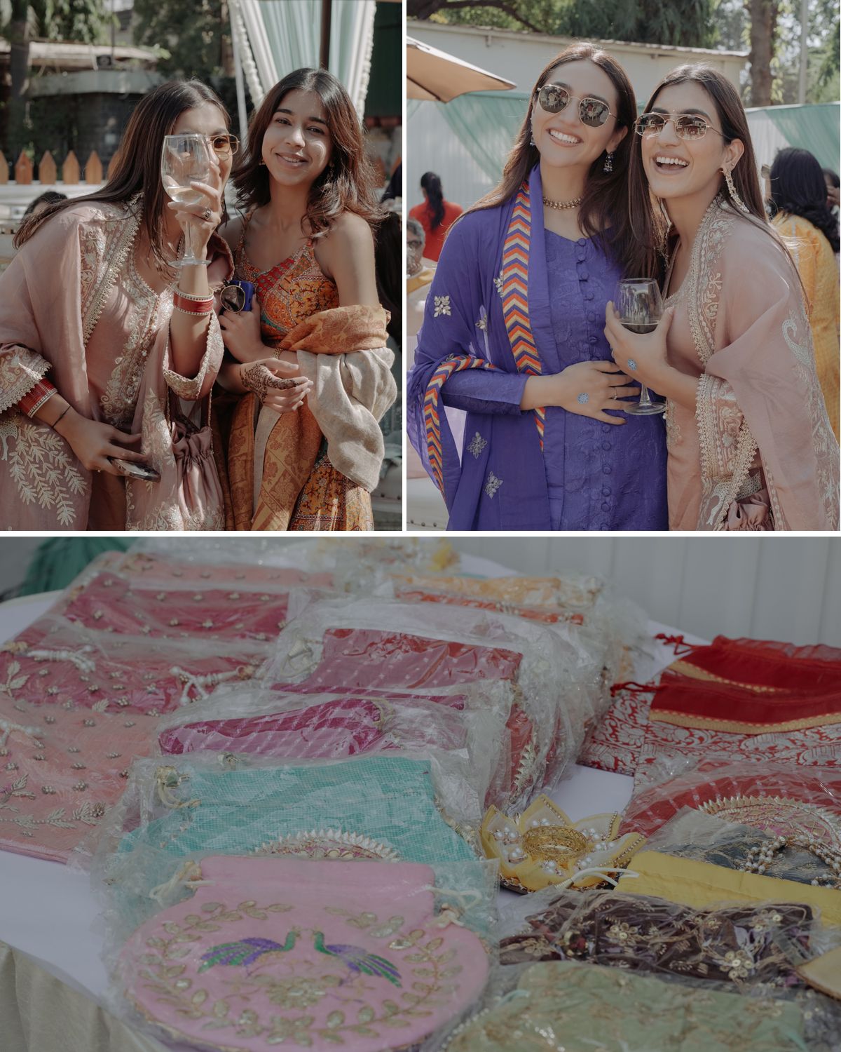 Friends celebrate at an event wearing colorful traditional outfits, with fabric display shown below.