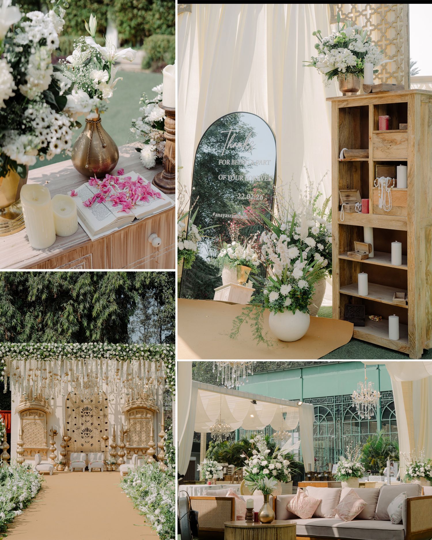 Elegant wedding venue decorated with white flowers, drapes, wooden shelving, floral arrangements, and a chandelier-lit reception area.