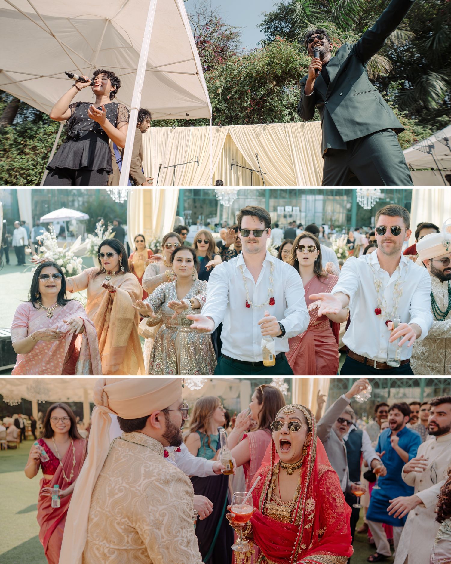 Vibrant Indian wedding celebration featuring live performers, dancing guests in traditional attire, and joyful bride in red lehenga.