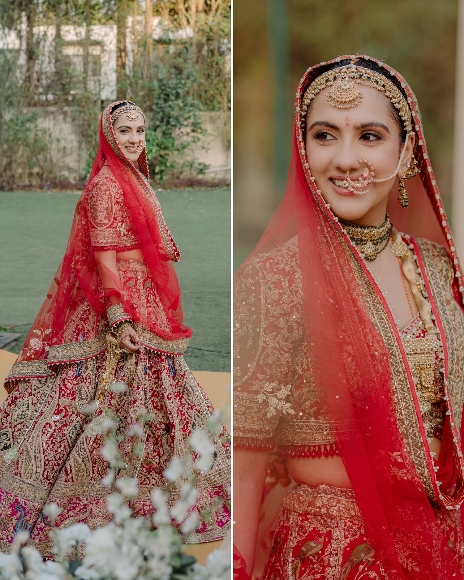 Bride in red bridal lehenga with gold embroidery, dupatta, and traditional jewelry for Indian wedding.