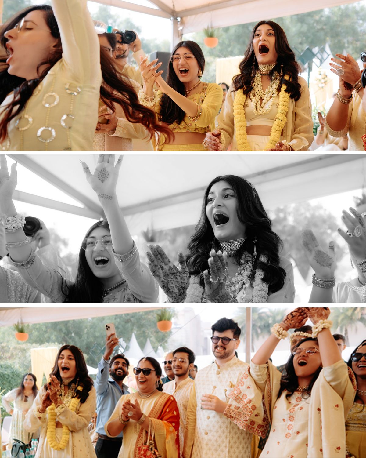 Group celebrates enthusiastically in yellow and white traditional outfits at outdoor event.