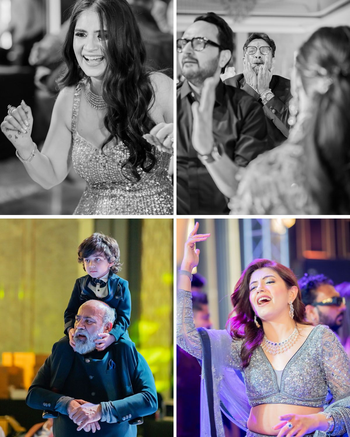 Collection of candid celebration moments featuring dancing, reactions, and joyful expressions.