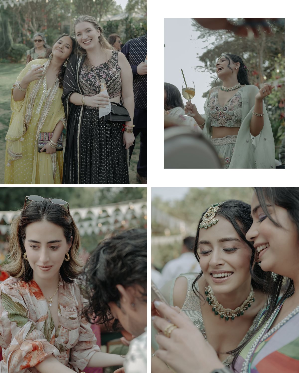 A collection of candid moments from a wedding celebration showing guests in traditional attire.