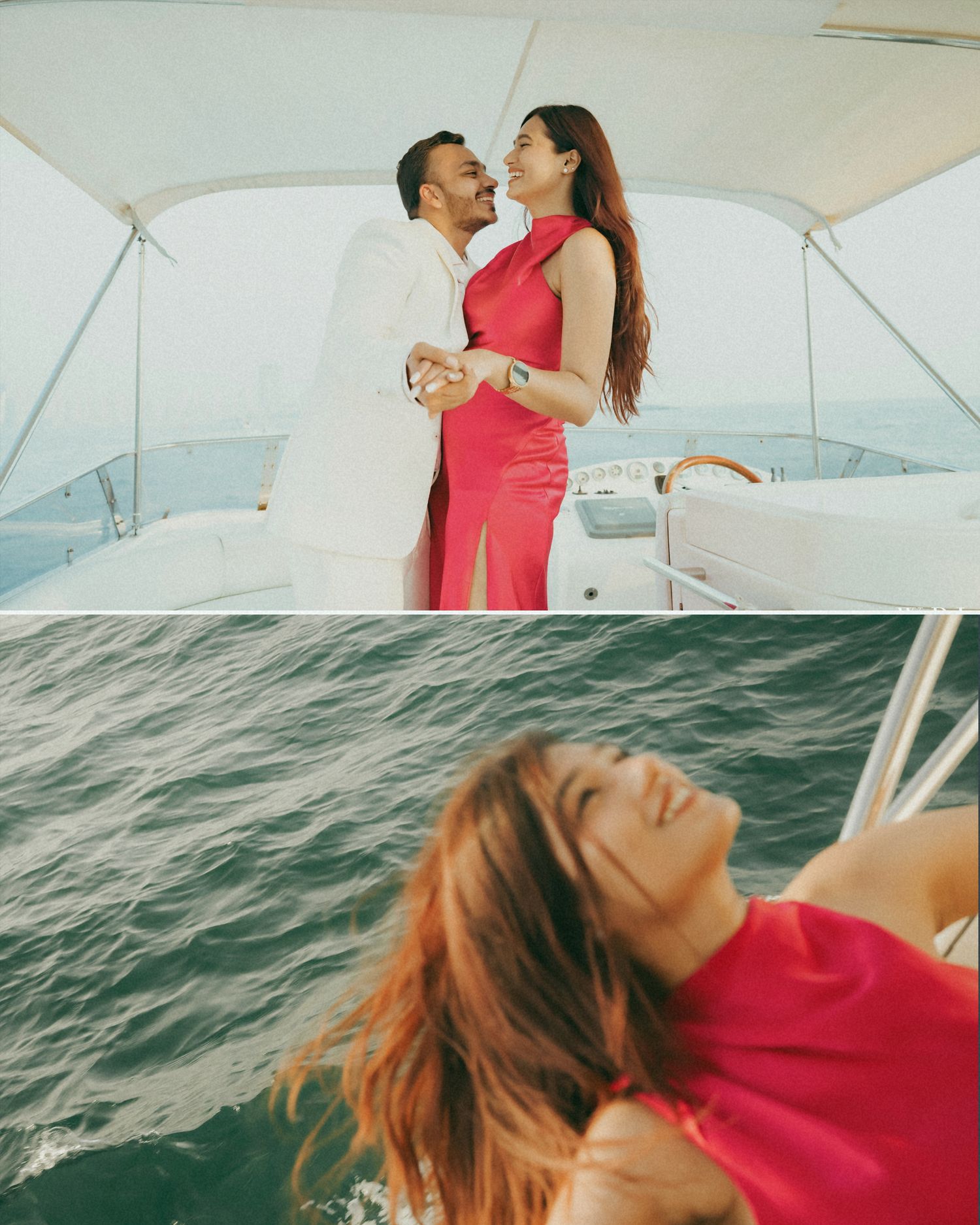 Couple in elegant attire sharing a romantic moment on a yacht, woman in red dress laughing freely on a boat at sea.