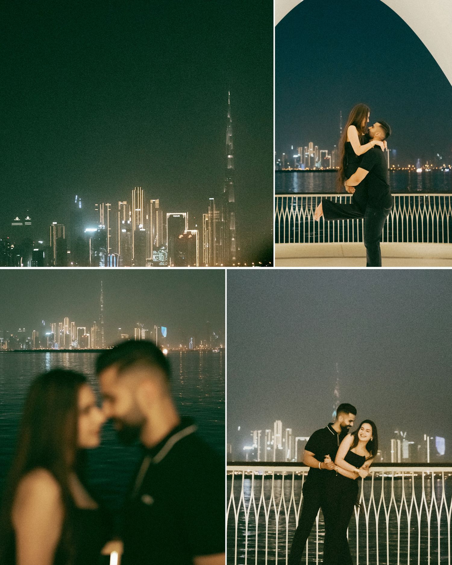 Romantic couple embracing at night with Dubai skyline and Burj Khalifa illuminated in the background.