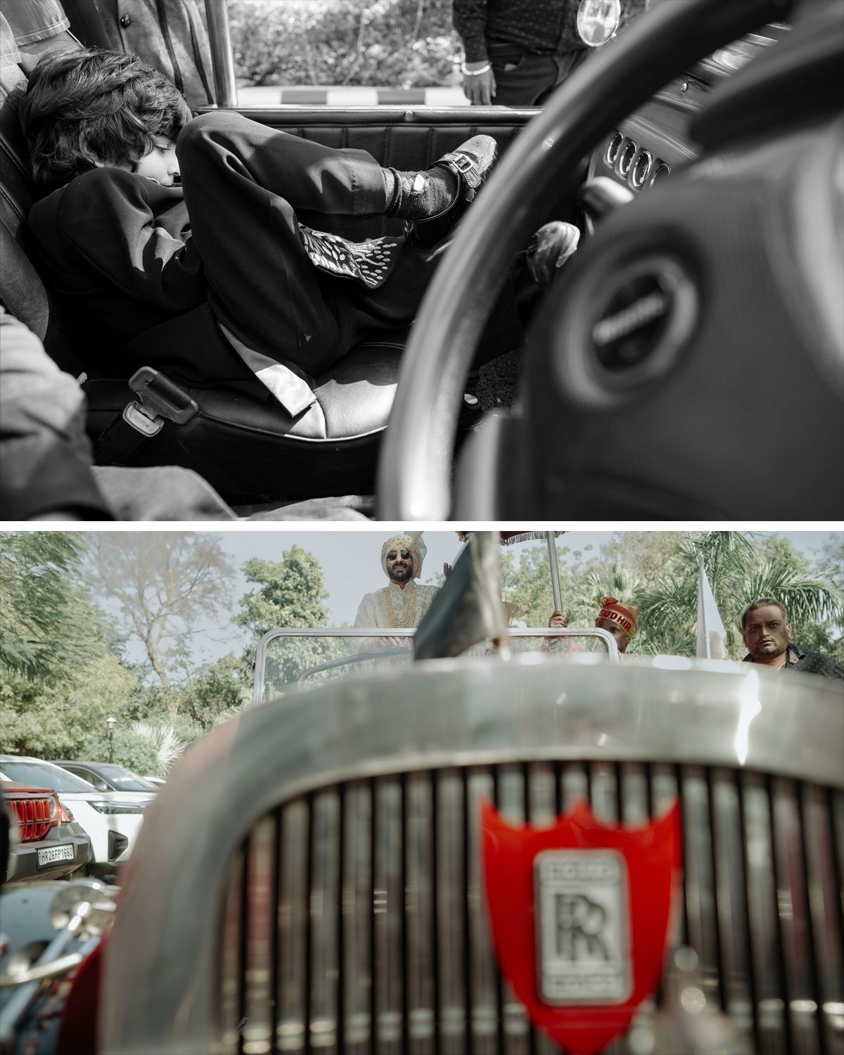 Interior view of luxury car with vintage-style hood ornament detail.