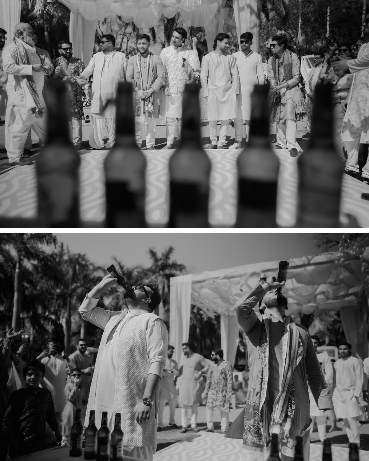 Black and white wedding celebration photos with guests in traditional white Indian attire.