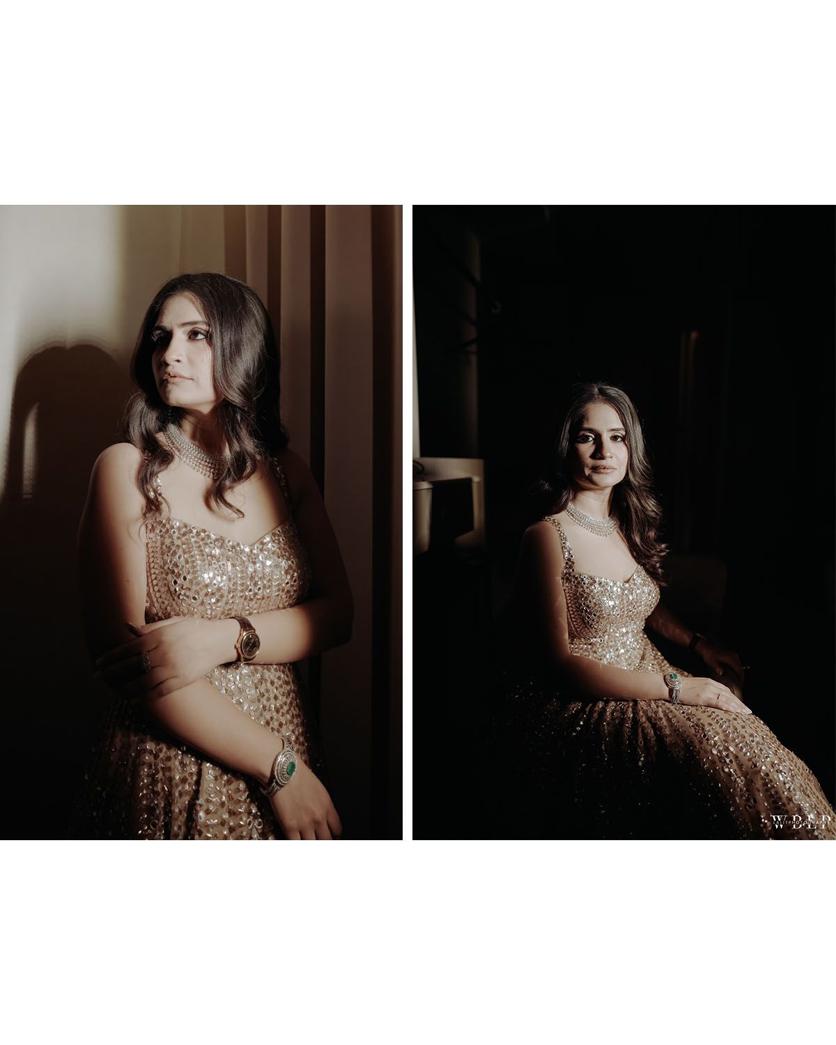 Two artistic portraits of a woman in a sparkly gown posing against dark backgrounds.