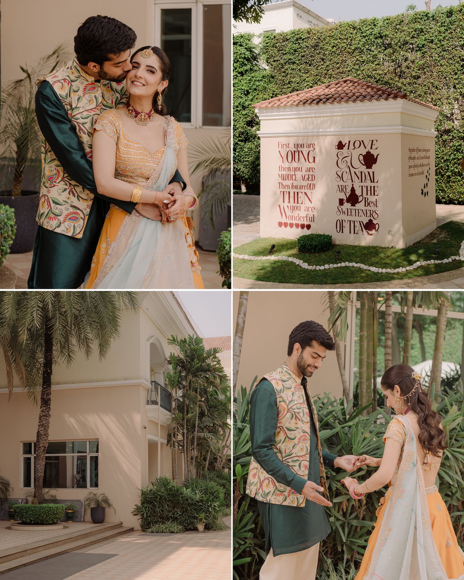 Indian couple in traditional attire pose romantically at an elegant outdoor wedding venue with lush greenery.