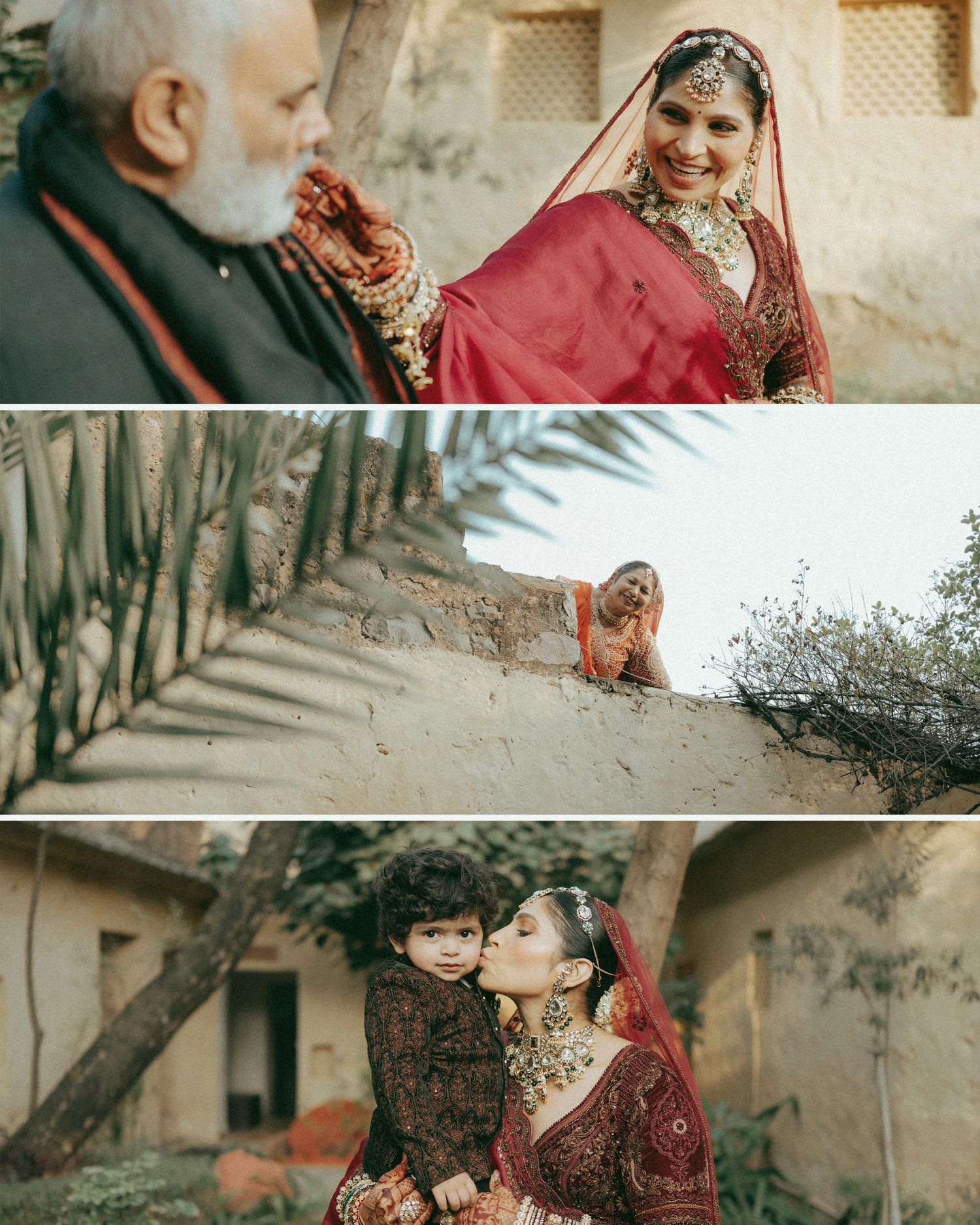 Indian bride in red lehenga shares tender moments with elder and young child at rustic outdoor wedding venue.