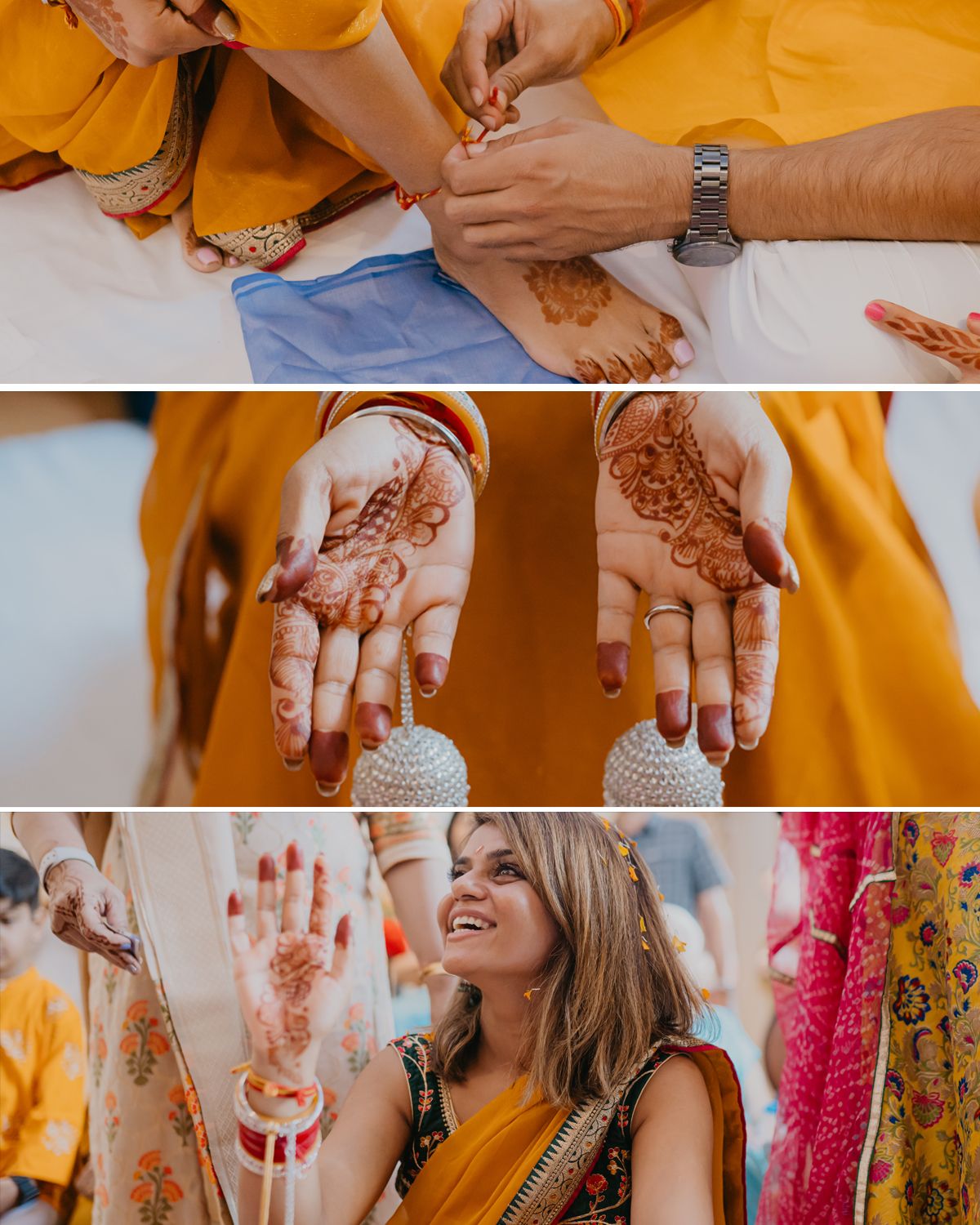 Detailed henna mehendi designs being applied to hands during a traditional Indian wedding ceremony.