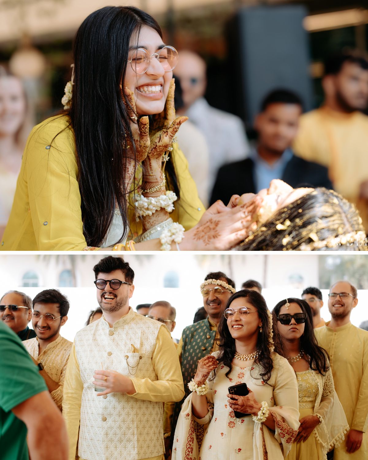 Wedding guests celebrate at an Indian ceremony wearing traditional yellow and white attire.
