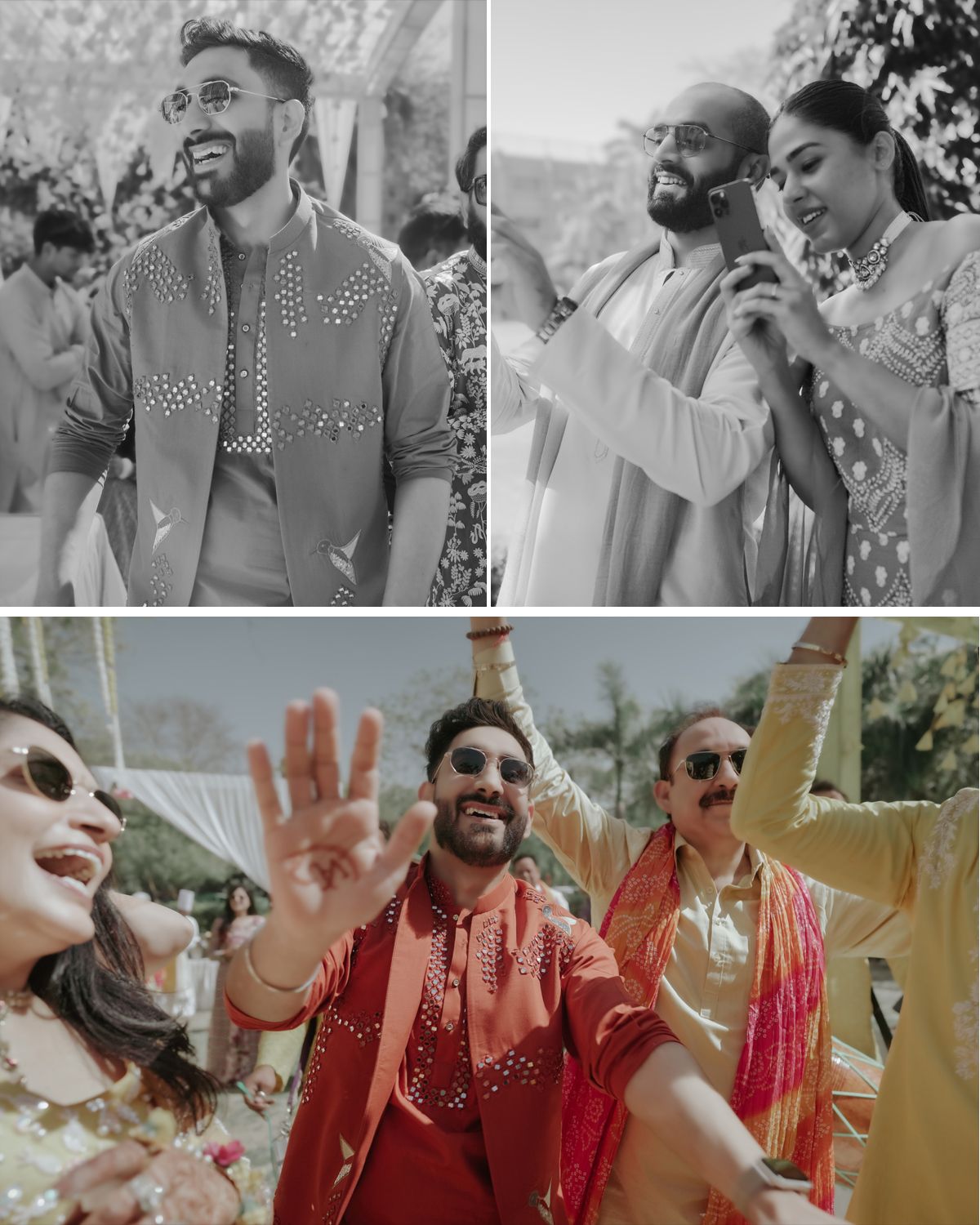 Celebratory wedding moments captured in black and white showing guests in traditional Indian attire.