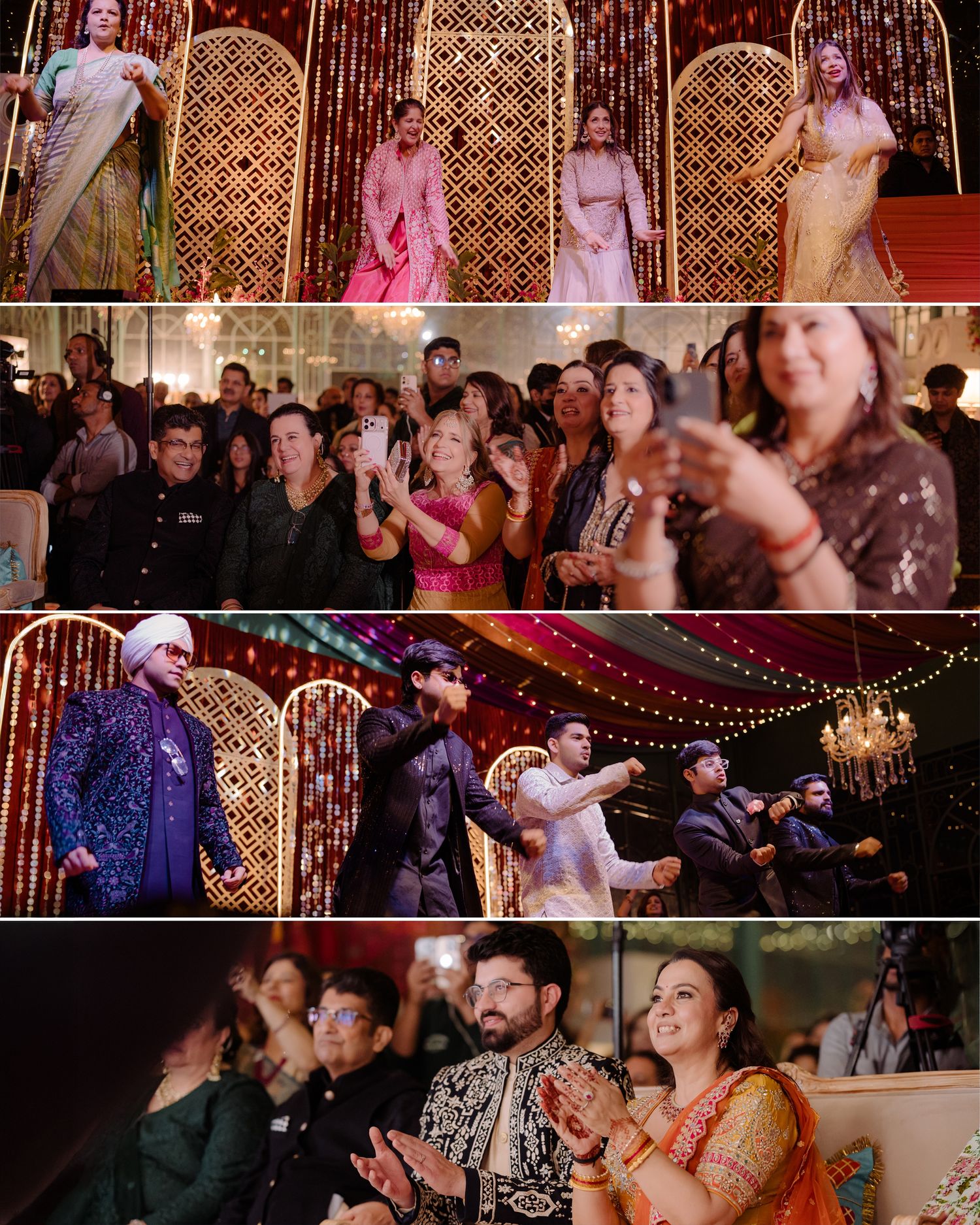 Vibrant Indian wedding sangeet celebration with guests dancing and performers on a decorated stage with golden backdrop.
