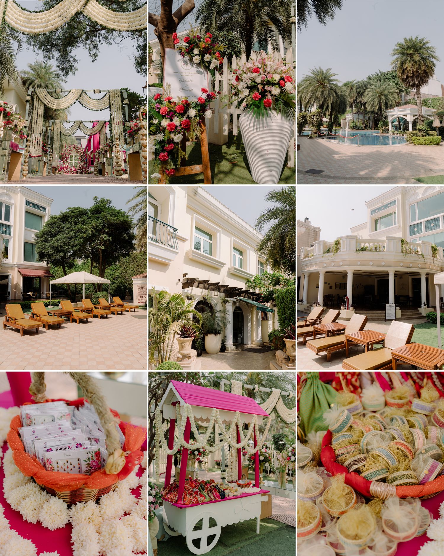 Elegant Indian wedding venue with floral decorations, poolside lounge chairs, white gazebo, and colorful food cart with garlands.