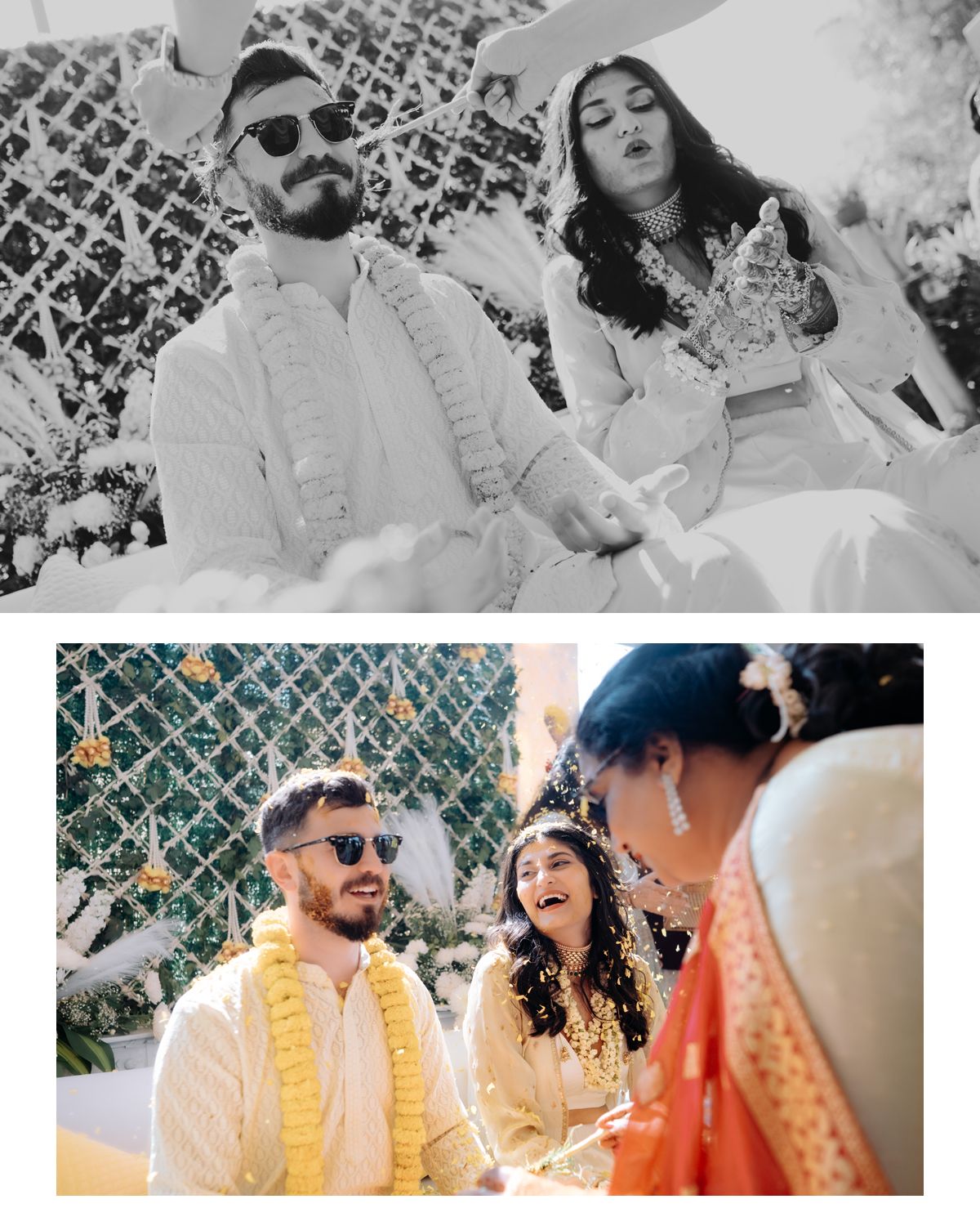 Candid celebration moments captured in both color and black and white at an outdoor venue.