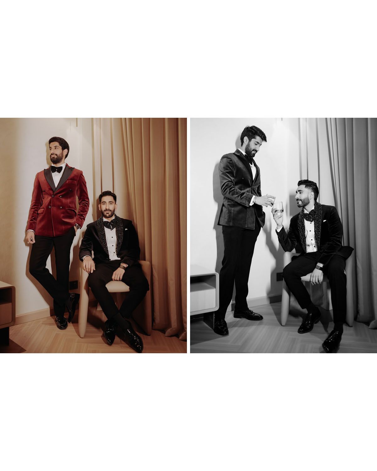 Fashion portraits in red and black formal suits showing different poses.