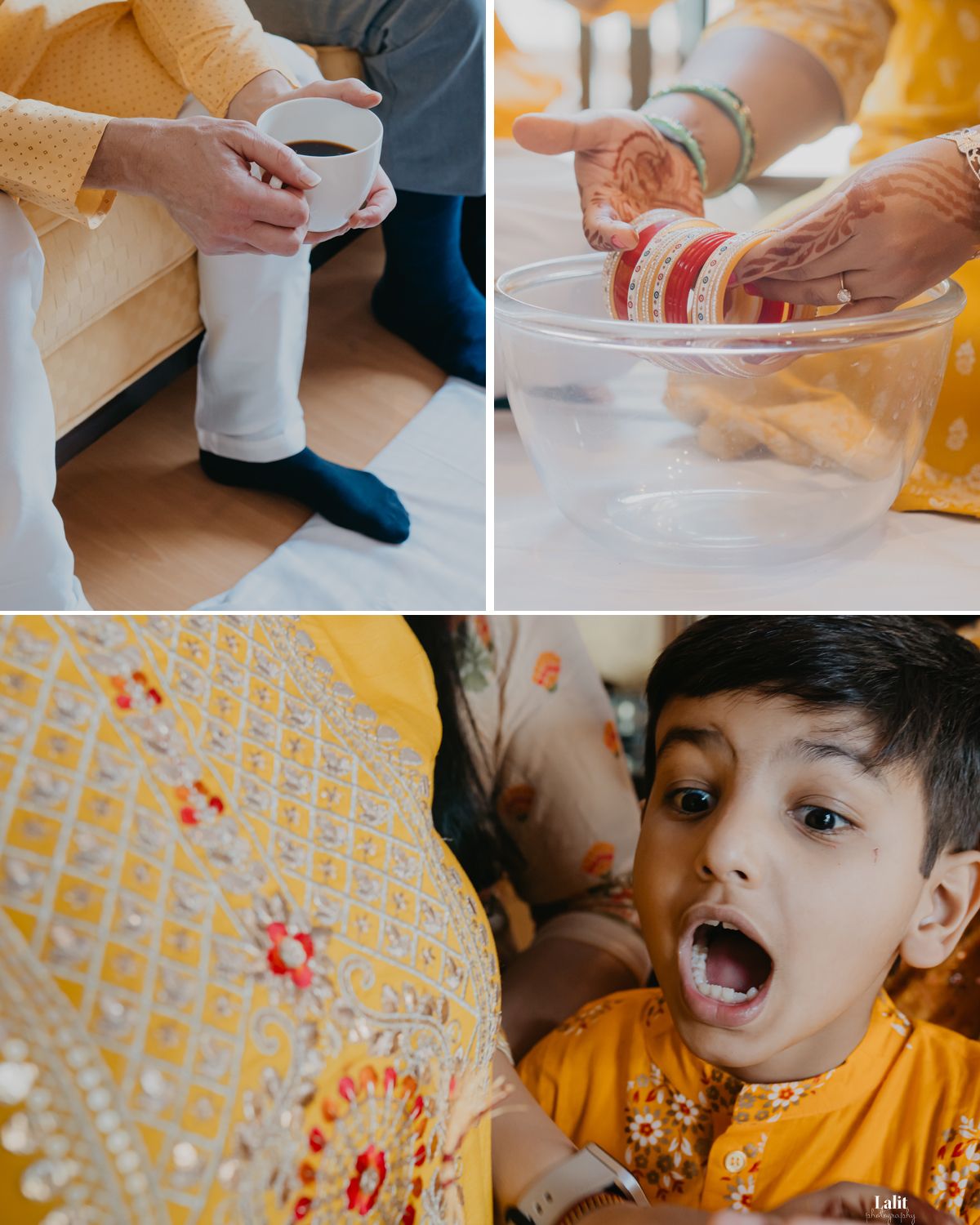 Traditional Indian ceremony preparation showing hands holding items, colorful fabrics, and festive decorations.