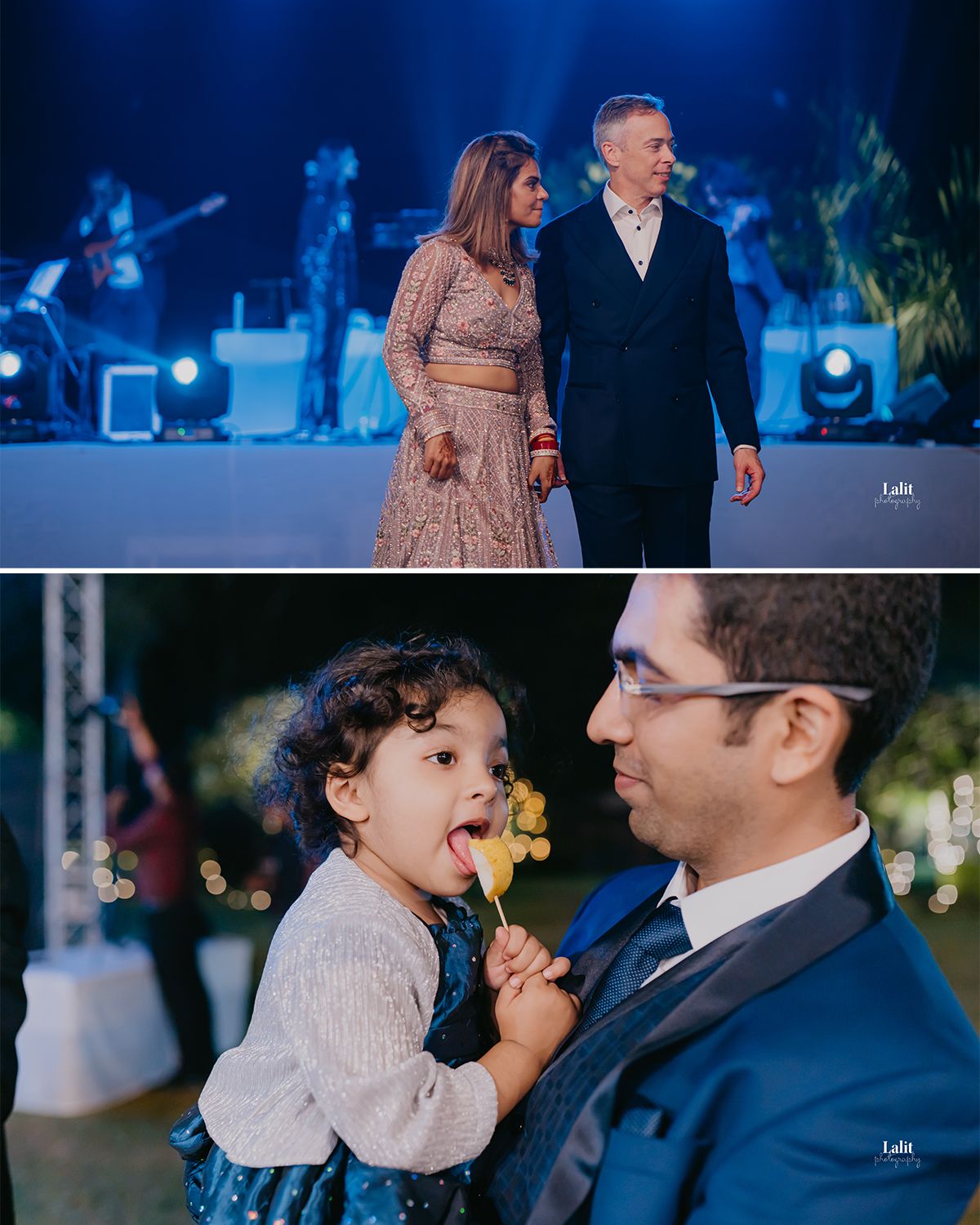 A couple dances at an elegant reception with blue stage lighting and live band in the background.