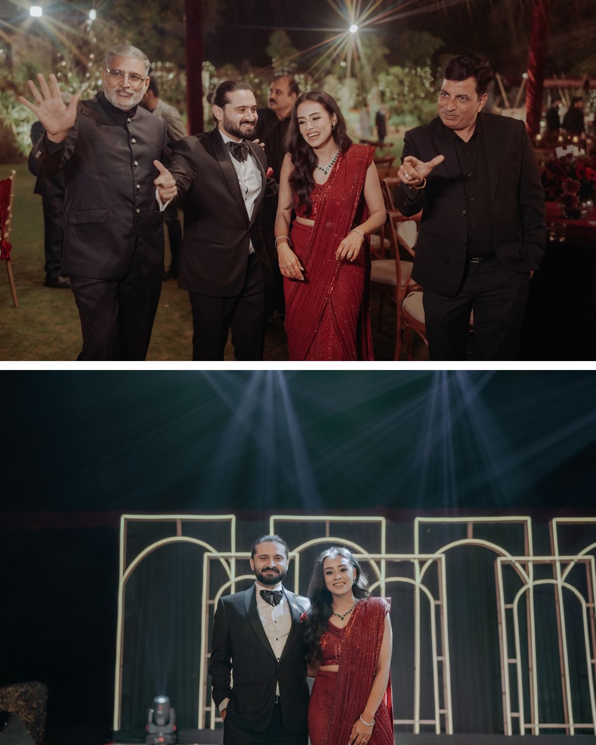 A formal event featuring guests in evening attire including a woman in a red saree posing against decorative backdrops.