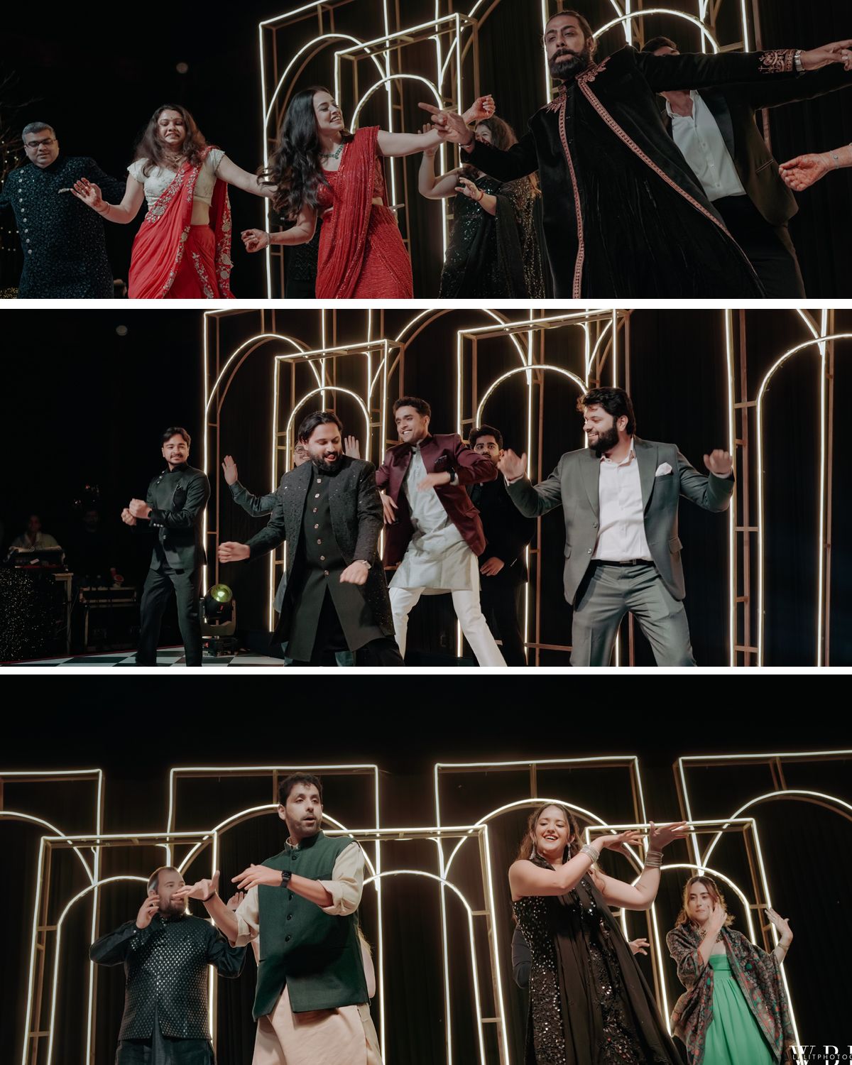 A theatrical performance showing actors in dramatic poses against an illuminated arch backdrop on stage.