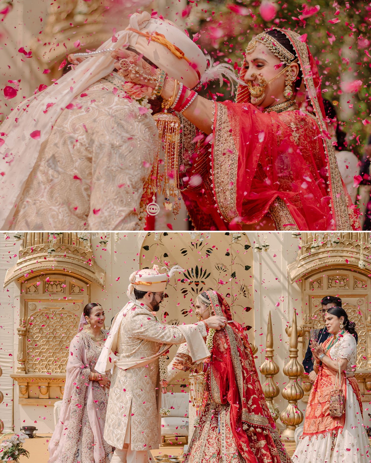 Indian bride and groom exchange garlands during a vibrant traditional Hindu wedding ceremony with rose petals falling.