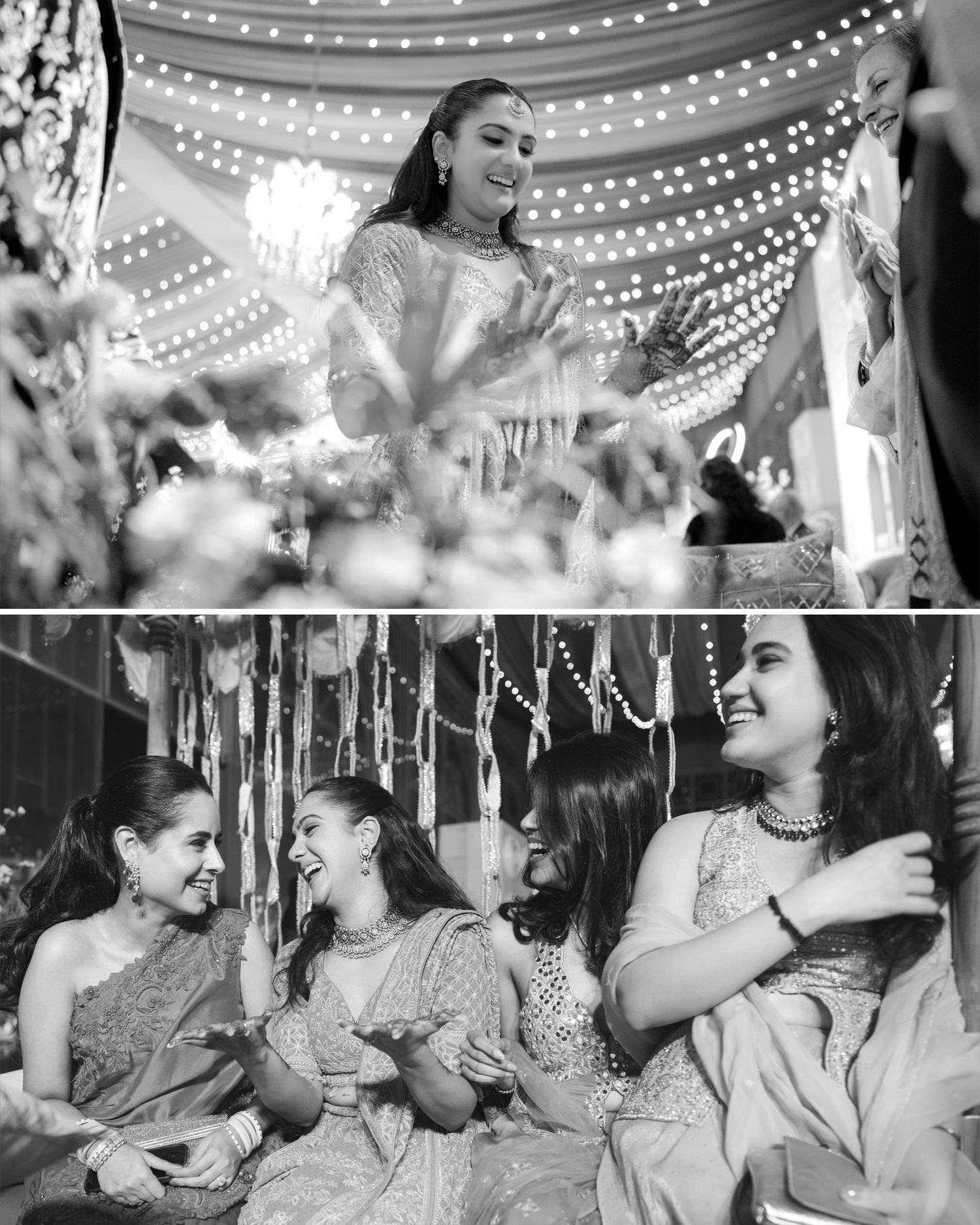 Black and white collage of a bride dancing at her wedding celebration with bridesmaids laughing joyfully.