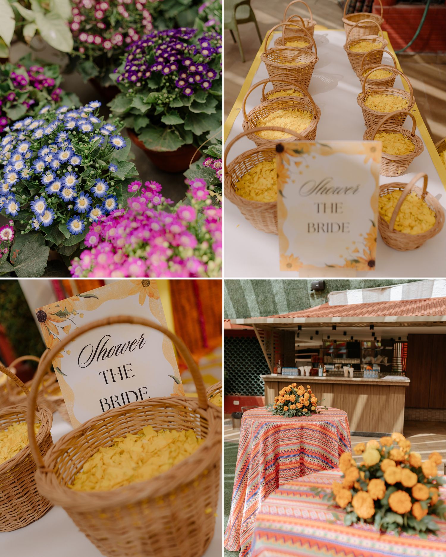 Bridal shower party setup with wicker baskets, colorful flowers, Shower the Bride sign, and festive striped tablecloth decor.