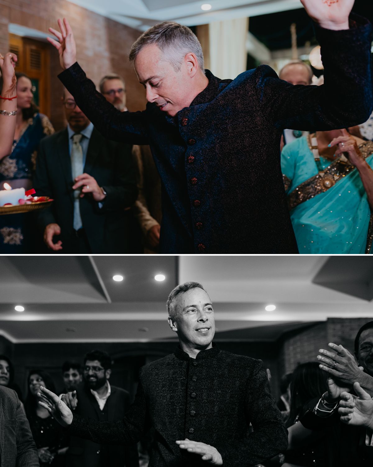 A guest dancing enthusiastically at an indoor celebration with brick walls and mood lighting.