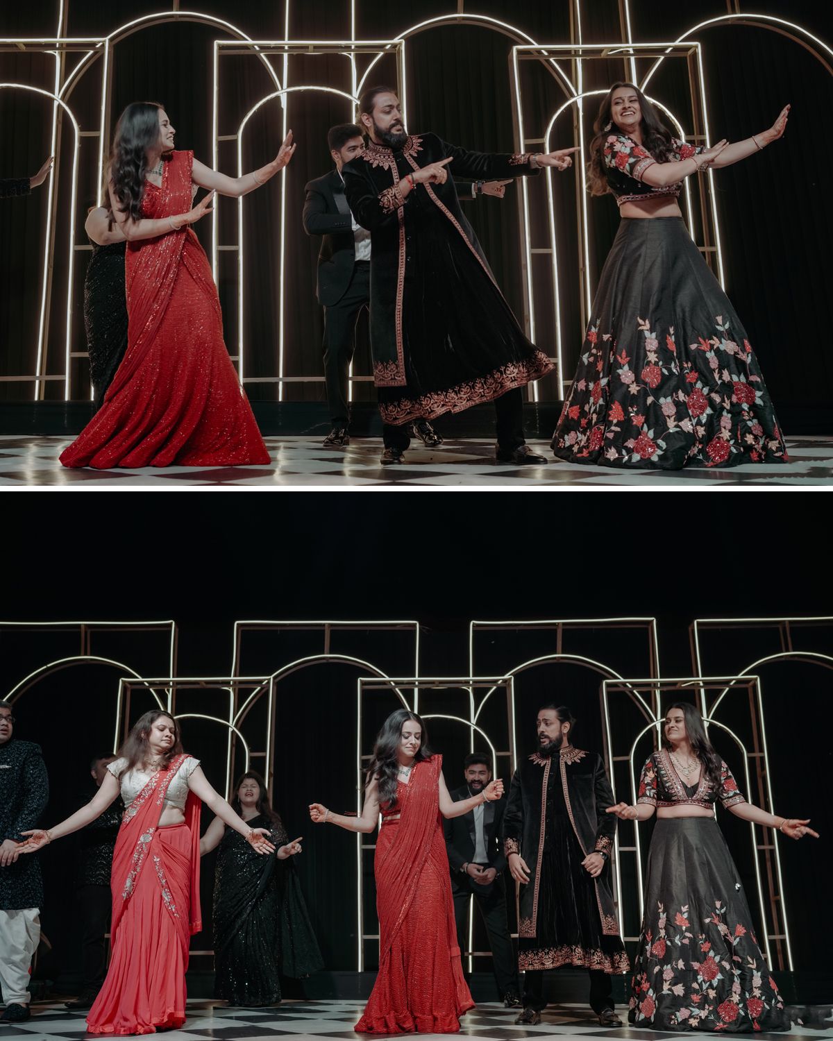 Performers in red saris and traditional outfits pose dramatically on stage with golden arches during a theatrical production.